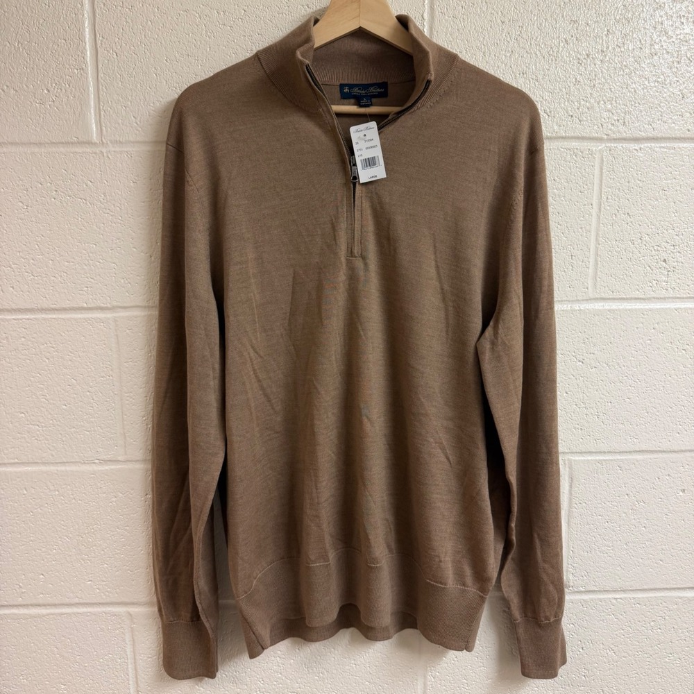 Brooks Brothers Mens Extra Fine Merino Wool Quarter Zip Sweater Large Brown New